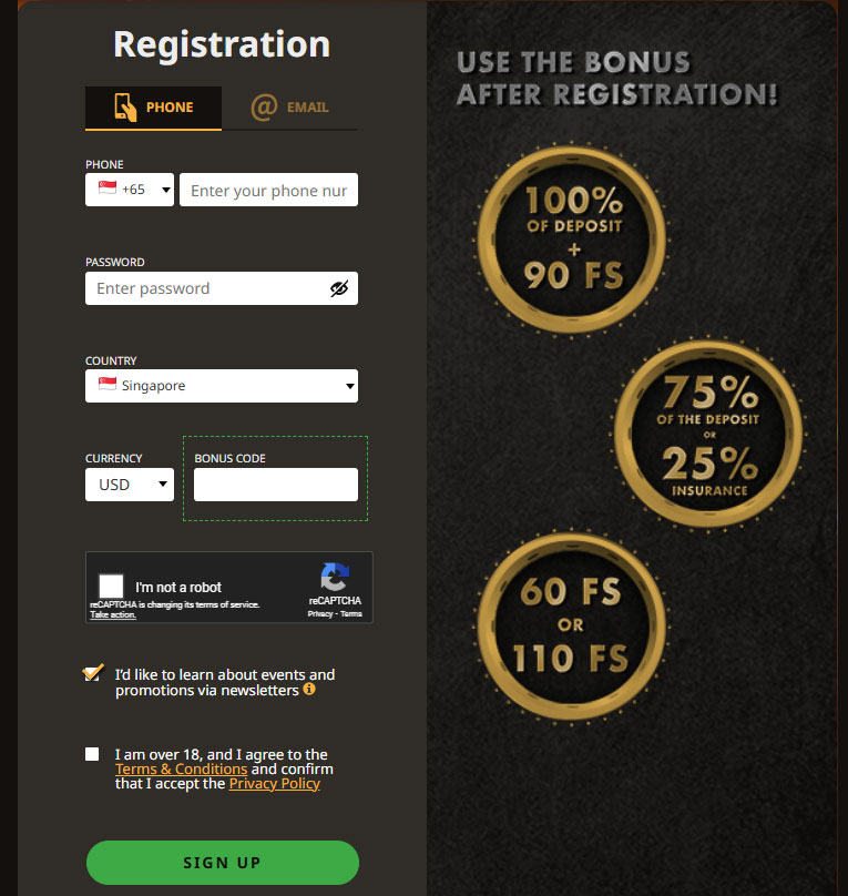 Форма регистрации на сайте казино Play Fortuna. 